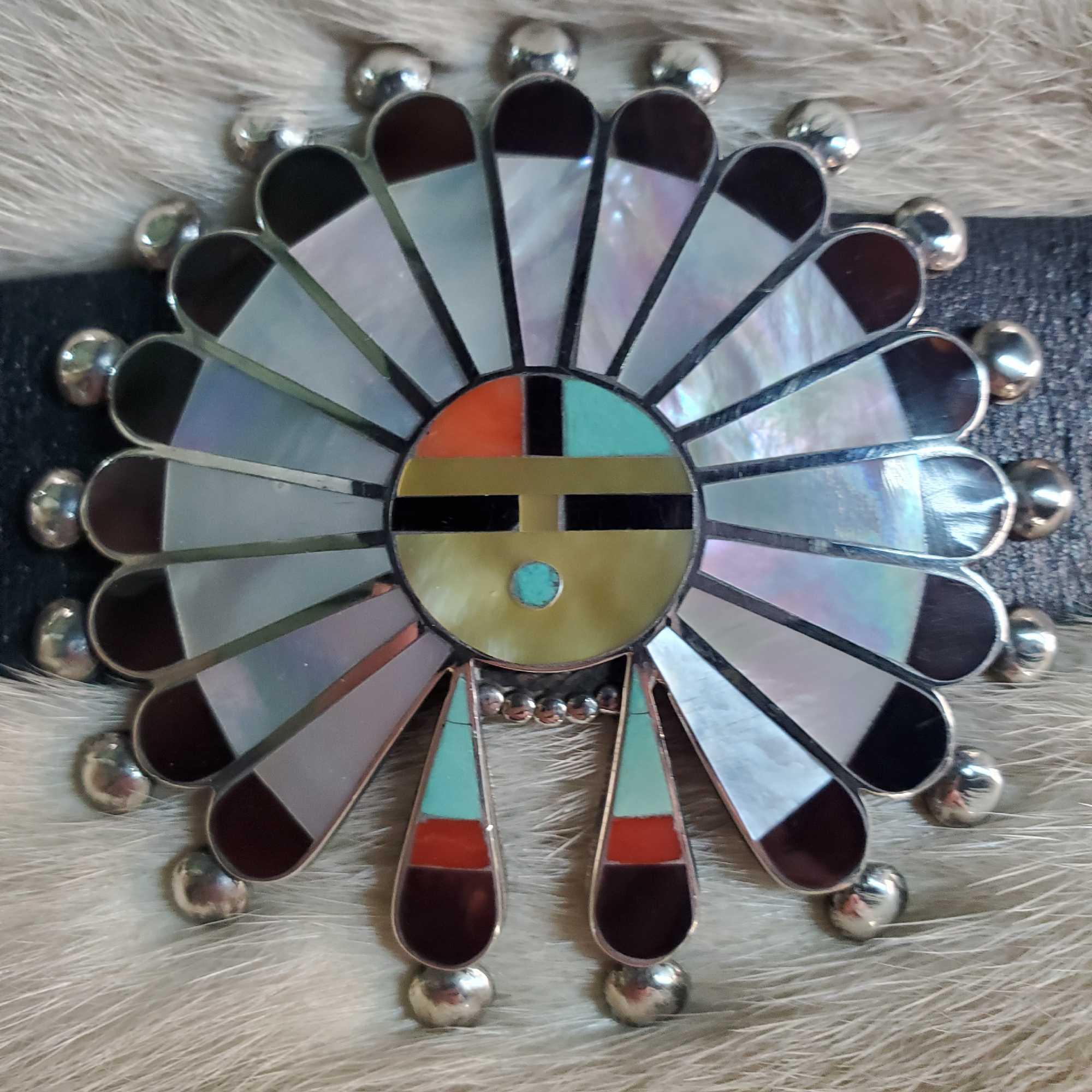 Sterling Silver & Mosaic Inlay Zuni Sun Face Concha Belt by Myra Tuscon