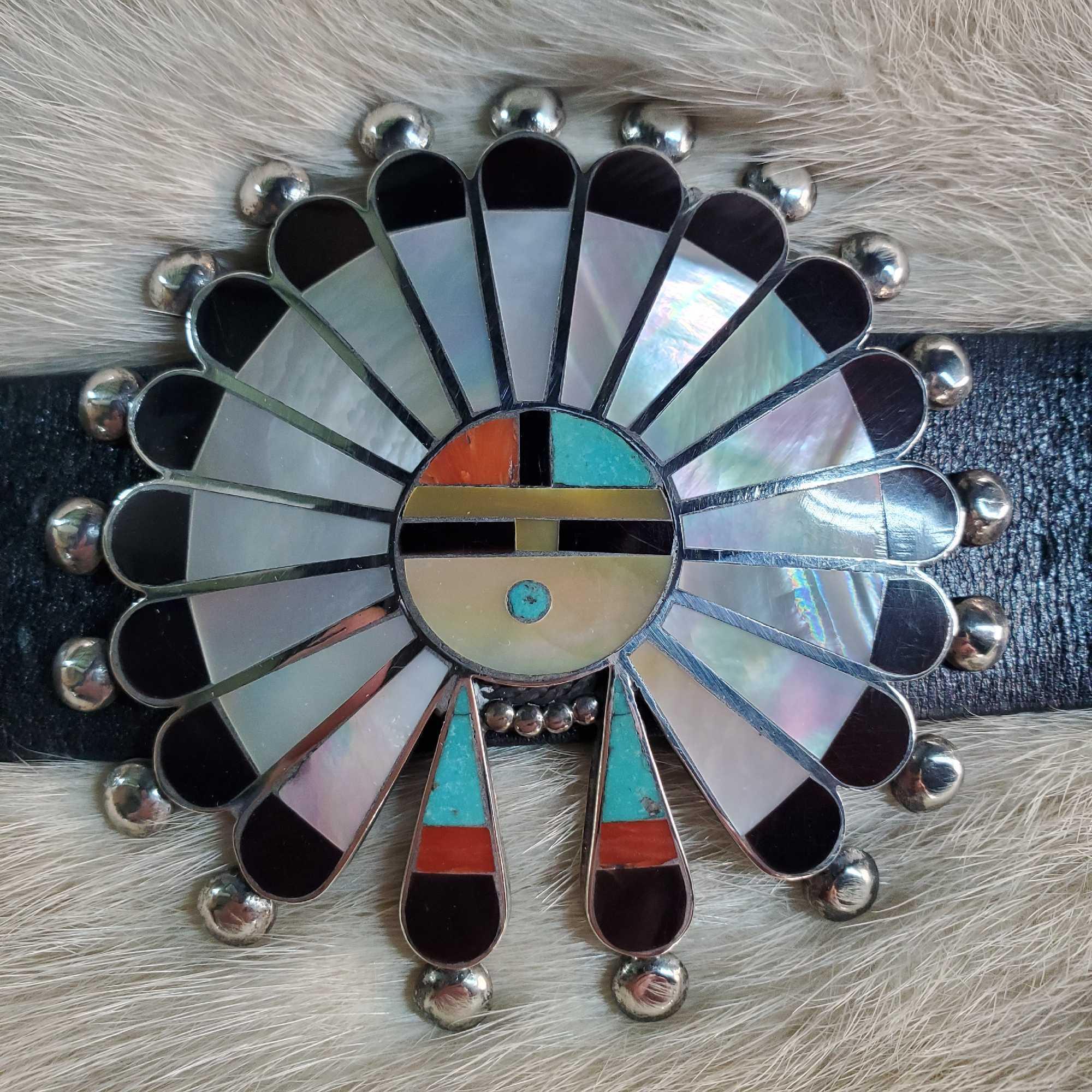 Sterling Silver & Mosaic Inlay Zuni Sun Face Concha Belt by Myra Tuscon