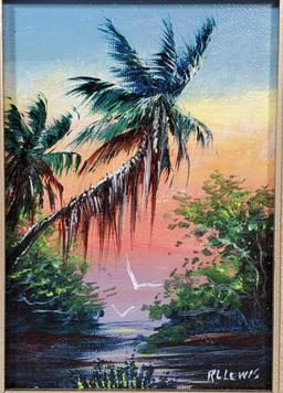 Original Highwaymen R. L. Lewis Acrylic On Canvas Board "Lagoon With Palm Tree"