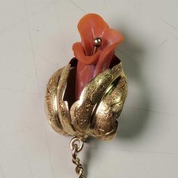 Victorian 14K Yellow Gold & Carved Red Coral Brooch with Safety Chain Matching Pin