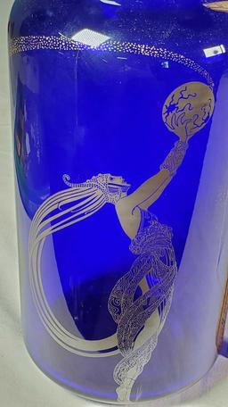 10" 1988 Franklin Mint Cobalt Hand Blown Glass Erte Fireflies Vase