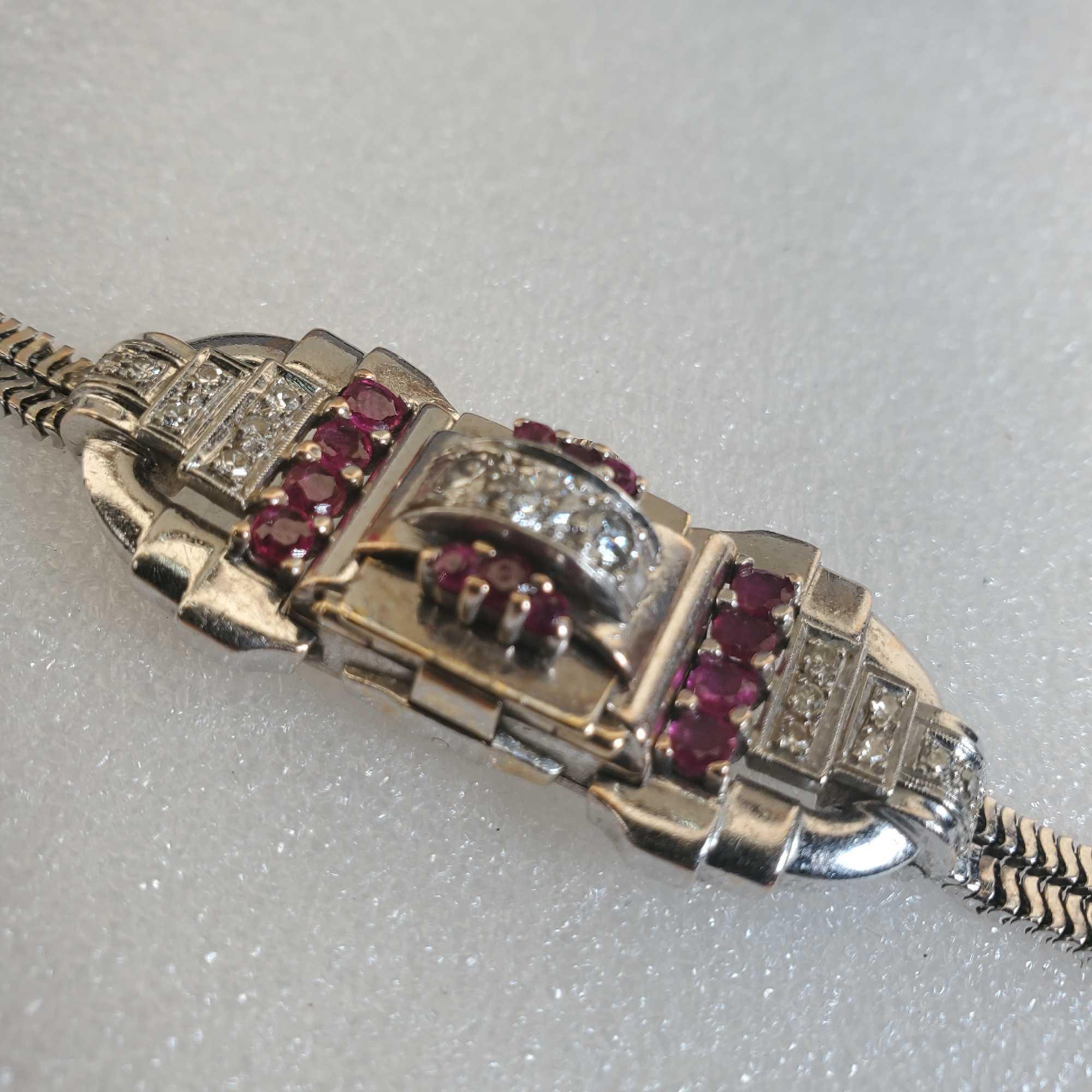 14K White Gold Art Deco Gold Diamond & Ruby Ladies Wrist Watch