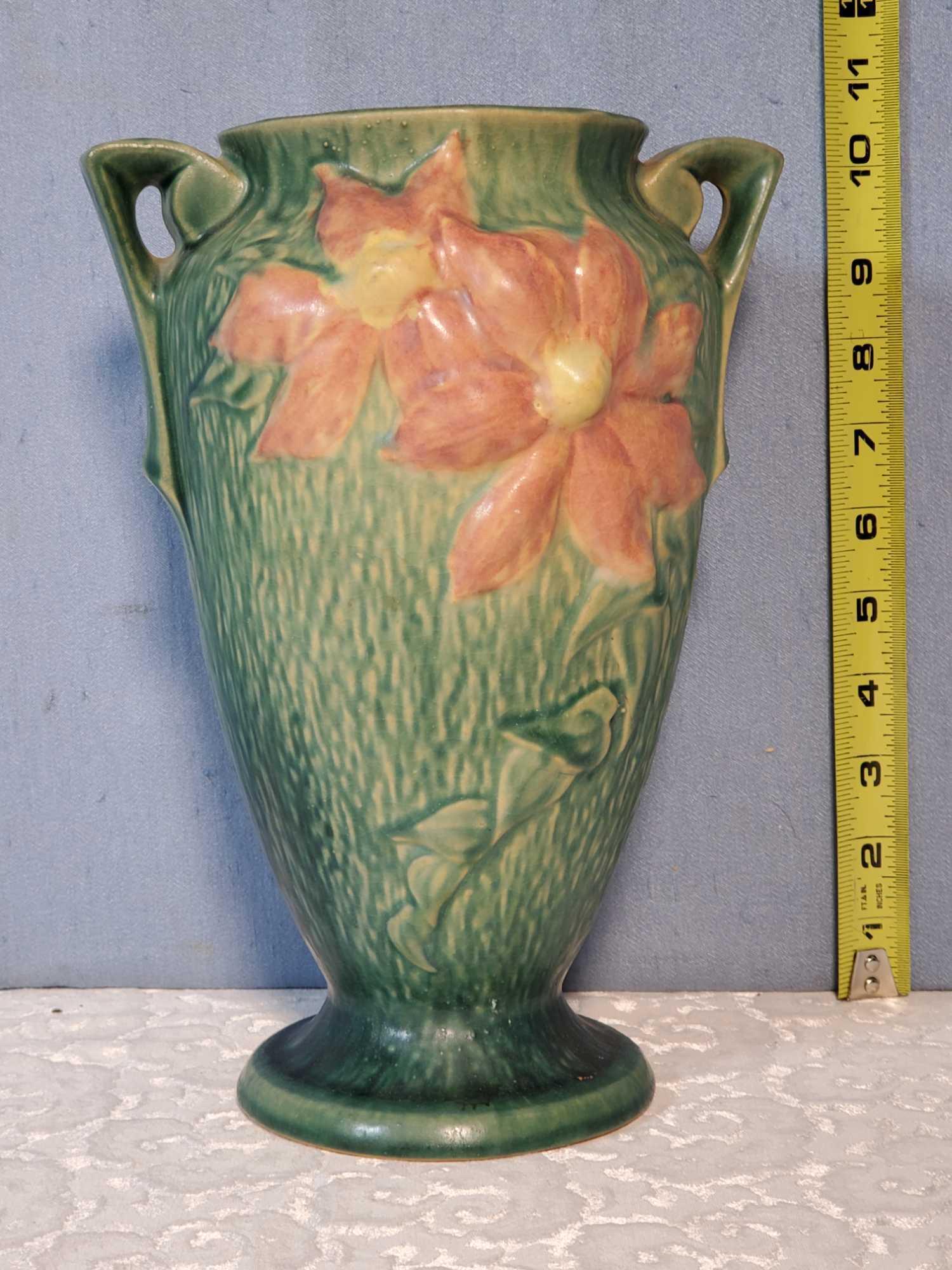 Clematis 111-10" Roseville Pottery Vase and Pr 9.5" Corinthian Wall Plaques