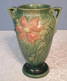 Clematis 111-10" Roseville Pottery Vase and Pr 9.5" Corinthian Wall Plaques