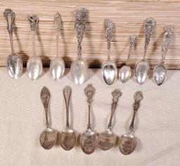 13 Antique Sterling Silver Souvenir Spoons