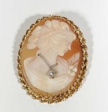 Vintage Carved Shell Cameo with Diamond Set in 14k Gold Pin/Pendant