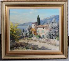 Oil on Canvas Landscape Painting of Cote d'Azur Coastal Villa By L. Potronat