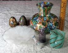 Fine Murano Millefiori and Latticimo Glass Vases, Eggs and Miniatures