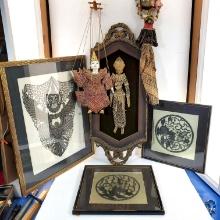 Collection of Bali, Malaysia and Asian Puppets and Framed Papercuts