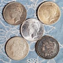5 US Silver Dollars - 2 Morgan (1884 and 1921-S) and 3 Peace (1922, 1924 & 1925)