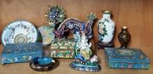 Collection Of Cloisonne Boxes, Dragon, Figures and Trays