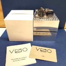 Movado Vizio 83 36 828 Stainless Steel Date Watch with Black Leather Band Deployment Buckle