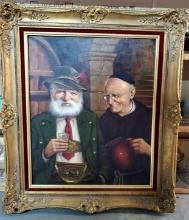 J. Burger Mahn. Oil On Canvas Painting of Monk and Vintner in Ornate Frame