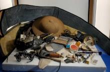Case Lot Of Collectibles Desk Cannons, Gun Soft Cases, Duck Call, Oil Cans, Buckle, Ammo Belt & More