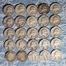 25 Silver US Quarters (2 Barber, 2 Standing Liberty, and 21 Mixed Date Washington )