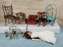 Collection of Vintage Doll Furniture with Antique Doll