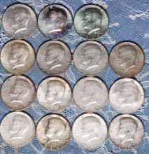 Mixed Lot 8 US Silver 1964 and 7 40% 1965-69 Kennedy Half Dollars