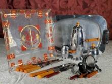 Retro Mid Century Kitchen Collectibles with Chrome and Bakelite Coffee Set, Glass Tray and More