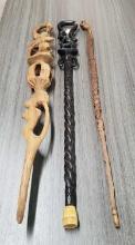 2 Hand Carved African Figural Staffs and Blackthorn Shillelagh