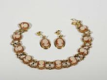 Vintage 2 Pc. 18k Gold Cameo Bracelet with Earrings Set