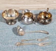 6 Pcs. Sterling Silver - Cream and Sugar, Favor Bowl, Cream Ladle and 2 Hors d'Oeuvres Forks