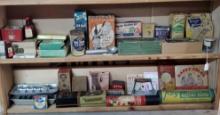 2 Shelves of Antique Country Store Boxes and Packages of A Bygone Era