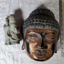 11" Asian Lacquerware Buddha Face Mask and 6" Fuku statue
