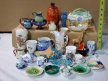 Tray Lot of Fine Mini Porcelains- American Belleek, Longwy, Shelley, Majolica, Royal Doulton & More