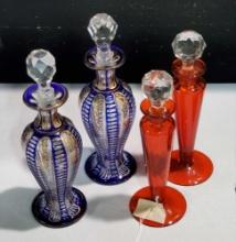 2 Pair Magnificent Colored Glass and Crystal Cologne Bottles