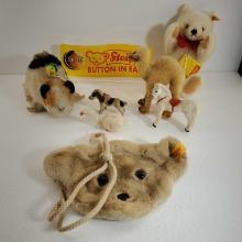 Vintage Stieff Small Mohair stuffed animals, Steiff Button in Ear Stand Up Shelf Sign, Etc