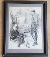 1920s J. W. McGurk Pen and Ink Illustration of Lady and a Military Gentleman in The Park