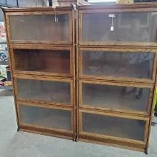 Pair Of Custom Made Oak 4 Shelf Lawyer Book Case One Piece With Lifting Glass Doors