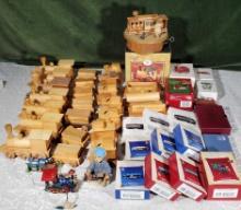 Tray Lot of Hallmark Train Ornaments, Wooden Toy Trains, Music Box and More