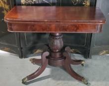 1800s Mahogany Fold Out Game Table With Acanthus Carved Baluster Base