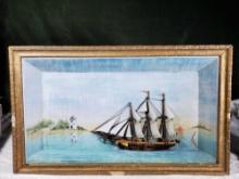 1800s New England Shadowbox Folk Art Diorama of Masted Sailing Ship