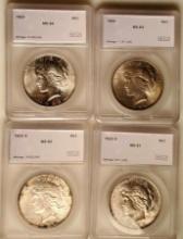 4 SEGS MS Graded US Silver Peace Dollars - 1923, 1923-D, 1923-S, and 1924