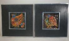 Pair Of Mid Century Modern Fired Enamel Framed Tiles, Designer Buzas Arpad, Hungarian 1929-2013.