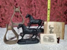 Equestrian Decor Items with Metal Horse Statues, Wood Stirrups and 1800s Medical Text with Horse