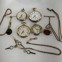 Lot Of 3 Antique Pocket Watches & Chains For Parts Or Repair & 1 Pedometer