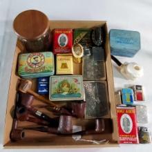 Tray Lot of Vintage Pipes, Tobacco Tins, Etc.