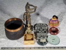 Tray of Ethnic Collectibles in Bronze, Stone, Fabric and Wood