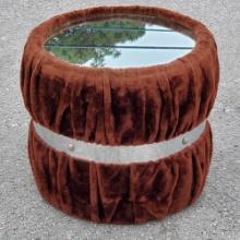 Mirror Top Accent Table with Brown Velour Fabric Body and Metal Banded Waist
