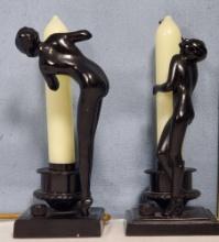 Pair of Frankart Art Deco Nude Lamps with Orig. Vaseline Glass Candle Insert Shades