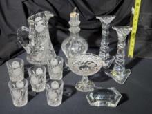 Lot of Elegant Cut Crystal with Beverage Set, Waterford Candlesticks and More