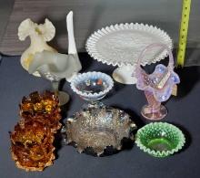 Fenton Glass Vases, Cake Plate, Bowls and Compte and 2 Other Art Glass Vases