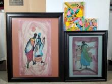 2 framed African Batik Folk Art Figural panels and 2Caribbean Village Life Paintings
