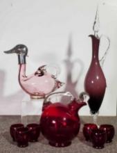 3 Art Glass Decanters - Cambridge Ruby W/Glasses, Czech Duck in Pink w Sterling Mount & Amethyst