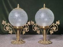 Pair of Ornate Brass and Glass Celing Lights with Fancy Etched Satin Globe Shades