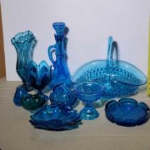 10 Pcs Retro Vintage MCM Teal Art Glass Vases, Decanter, Trays and Compote