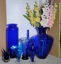 7 Cobalt Art Glass decorator Statement Vases Including Blenko